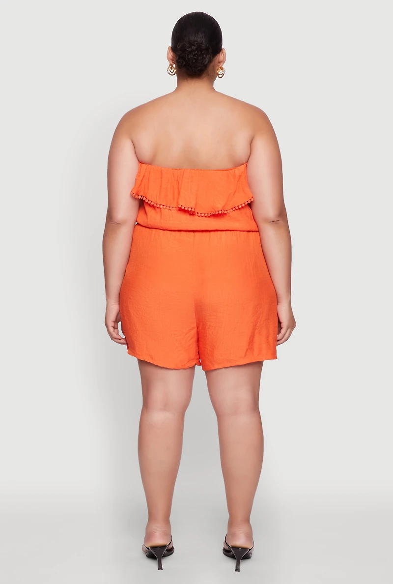 Womens Plus Gauze Knit Ruffle Overlay Romper, Orange,