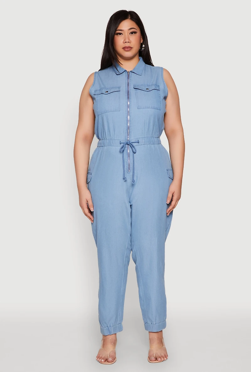 Womens Plus Size Twill Zip Front Jumpsuit, Blue, Size 3X