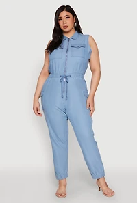 Womens Plus Size Twill Zip Front Jumpsuit, Blue, Size 3X