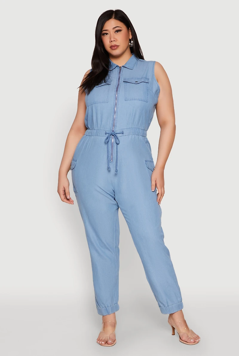Womens Plus Twill Zip Front Jumpsuit, Blue,