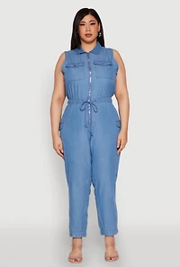 Womens Plus Size Twill Zip Front Jumpsuit, Blue, Size 2X