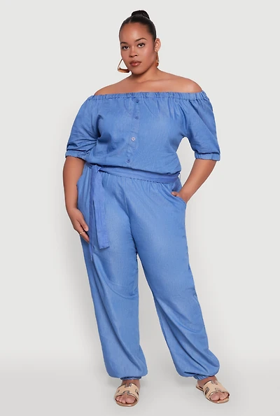 Plus Chic Chambray Off Shoulder Jumpsuit with Tie Waist Belt