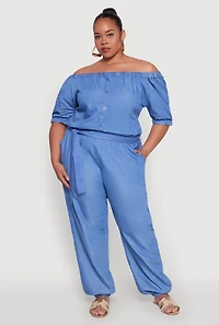 Plus Chic Chambray Off Shoulder Jumpsuit with Tie Waist Belt