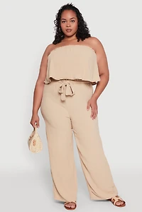 Womens Plus Size Ruffle Overlay Jumpsuit, Beige, Size 3X