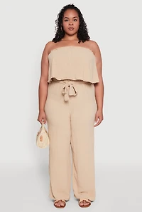 Womens Plus Size Ruffle Overlay Jumpsuit, Beige, Size 3X