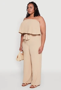 Womens Plus Size Ruffle Overlay Jumpsuit, Beige, Size 3X