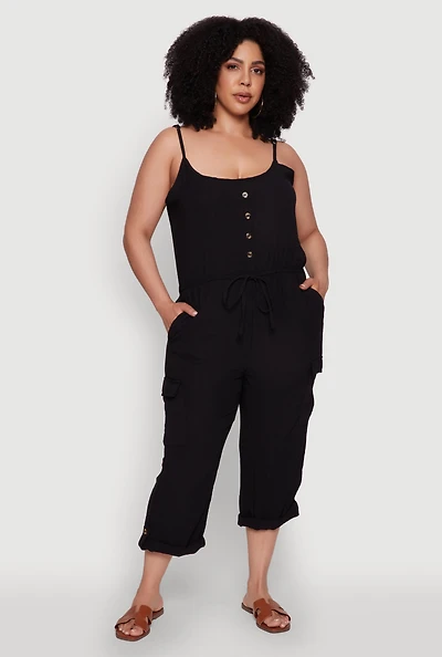 Plus Sleeveless Cargo Jumpsuit with Rolled Cuffs