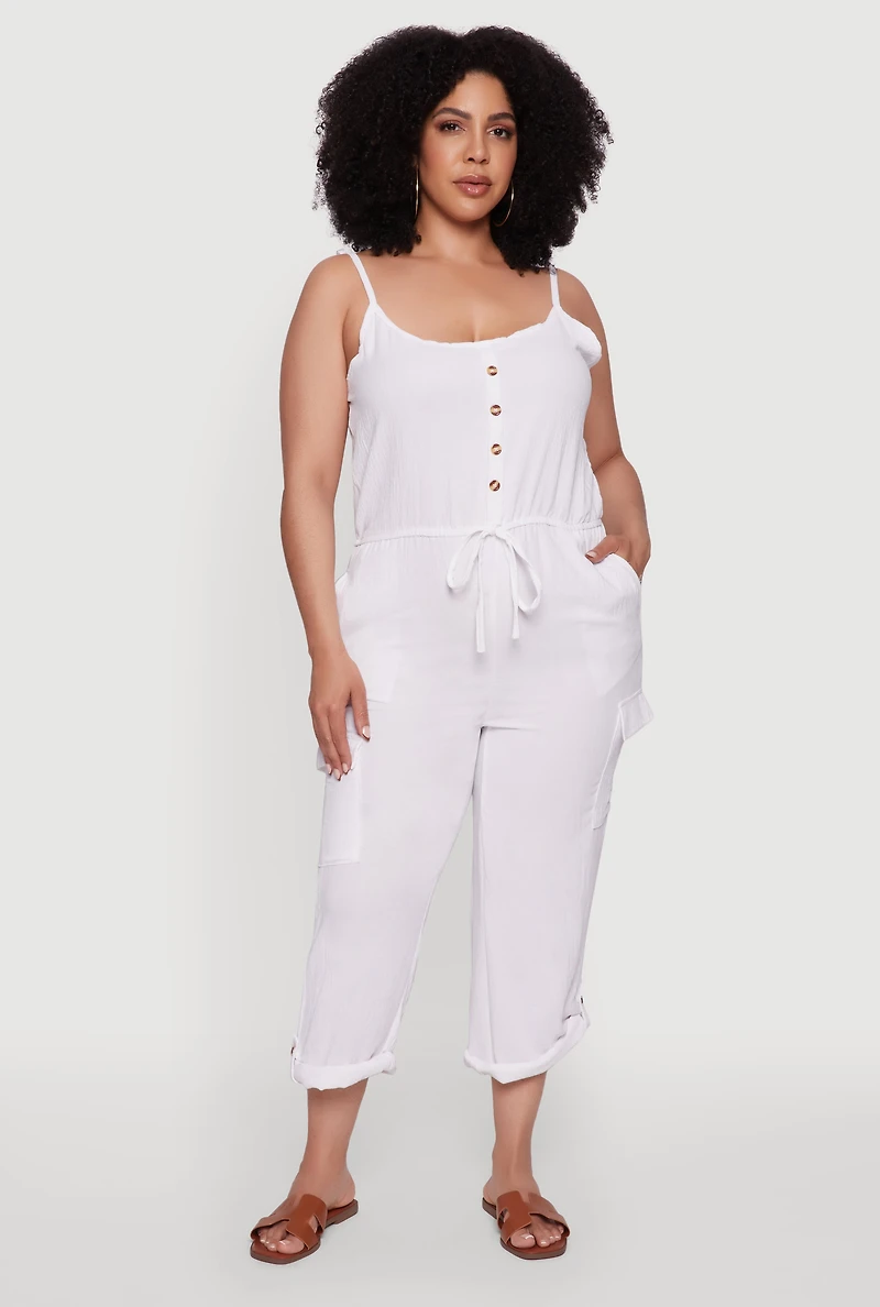 Plus Sleeveless Cargo Jumpsuit with Rolled Cuffs