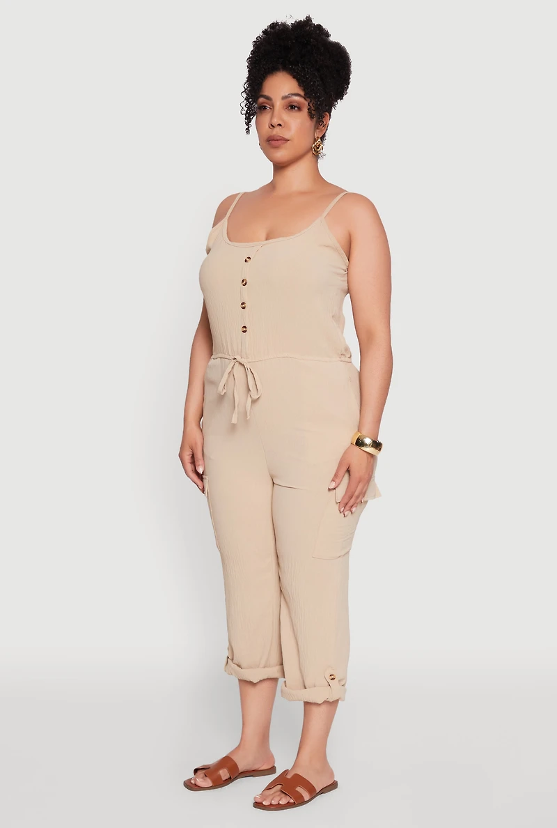 Womens Plus Size Sleeveless Cargo Jumpsuit with Rolled Cuffs, Beige, Size 2X