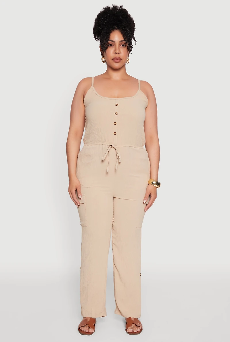 Womens Plus Size Sleeveless Cargo Jumpsuit with Rolled Cuffs, Beige, Size 2X