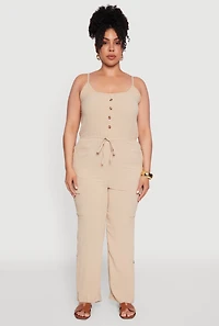Womens Plus Size Sleeveless Cargo Jumpsuit with Rolled Cuffs, Beige, Size 2X