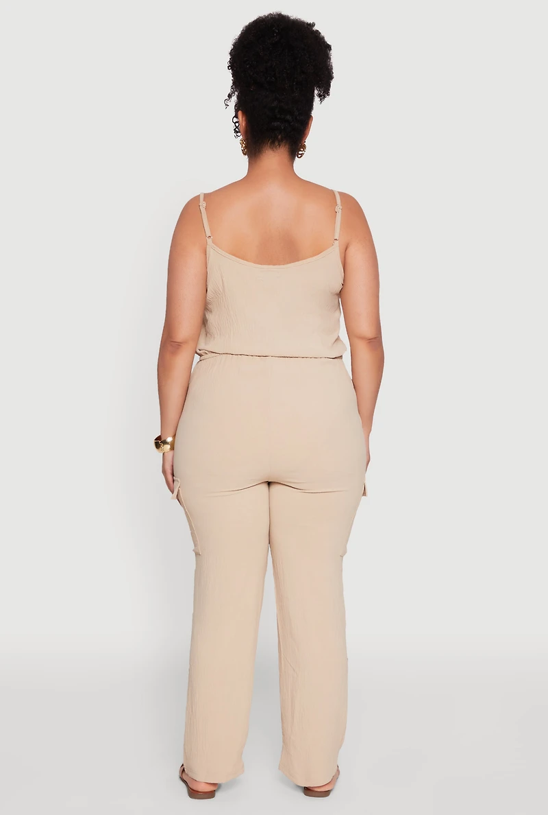 Womens Plus Size Sleeveless Cargo Jumpsuit with Rolled Cuffs, Beige, Size 2X
