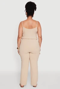 Womens Plus Size Sleeveless Cargo Jumpsuit with Rolled Cuffs, Beige, Size 2X