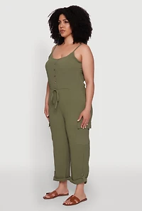 Womens Plus Sleeveless Cargo Jumpsuit with Rolled Cuffs, Green,