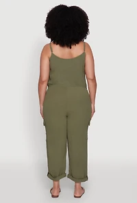 Womens Plus Sleeveless Cargo Jumpsuit with Rolled Cuffs, Green,