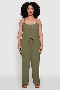 Womens Plus Sleeveless Cargo Jumpsuit with Rolled Cuffs, Green,