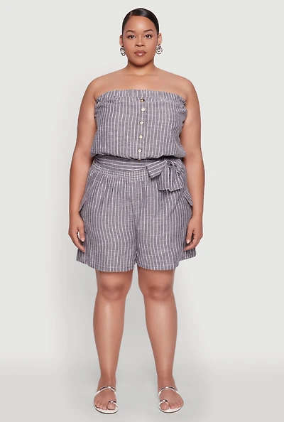Womens Plus Size Tie Waist Belted Pinstripe Romper, Grey, Size 2X