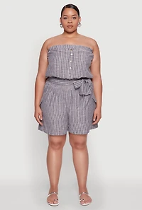 Womens Plus Size Tie Waist Belted Pinstripe Romper, Grey, Size 2X