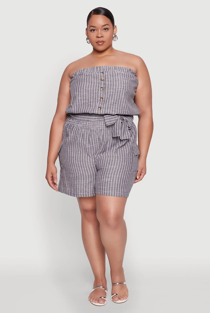 Womens Plus Size Tie Waist Belted Pinstripe Romper, Grey, Size 3X