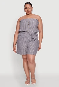 Womens Plus Size Tie Waist Belted Pinstripe Romper, Grey, Size 3X