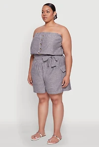 Womens Plus Size Tie Waist Belted Pinstripe Romper, Grey, Size 2X