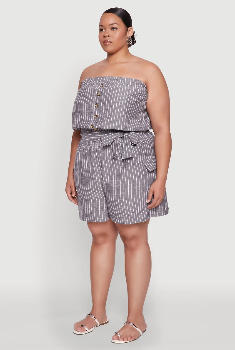 Womens Plus Size Tie Waist Belted Pinstripe Romper, Grey, Size 3X