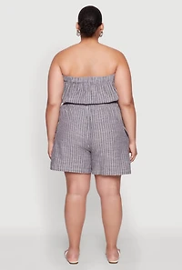 Womens Plus Size Tie Waist Belted Pinstripe Romper, Grey, Size 2X