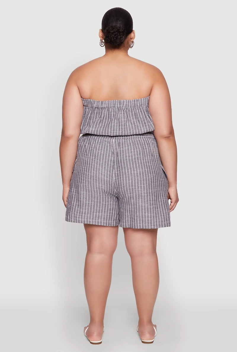 Womens Plus Size Tie Waist Belted Pinstripe Romper, Grey, Size 3X