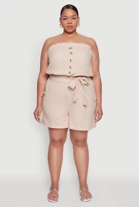 Womens Plus Size Tie Waist Belted Pinstripe Romper, Khaki, Size 3X