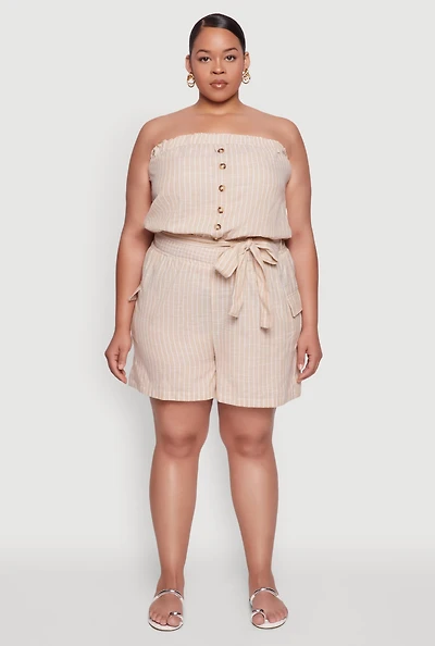 Womens Plus Size Tie Waist Belted Pinstripe Romper, Khaki, Size 2X