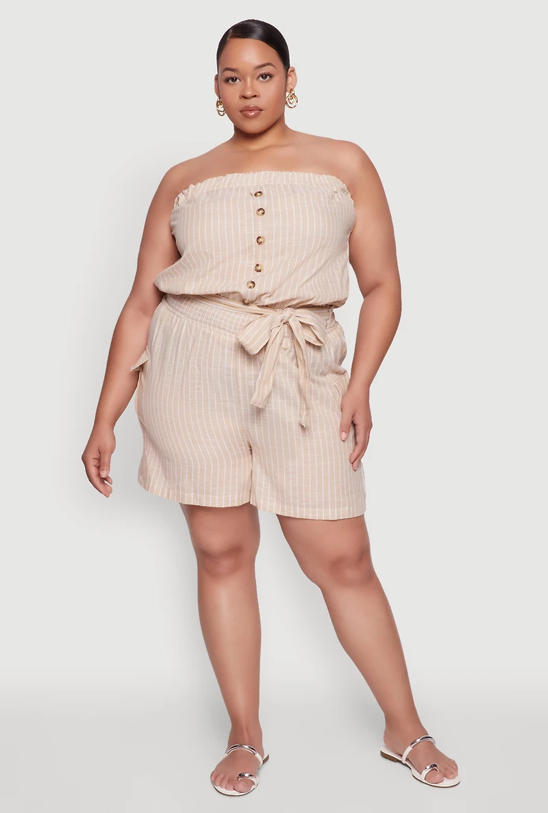 Womens Plus Size Tie Waist Belted Pinstripe Romper, Khaki, Size 3X