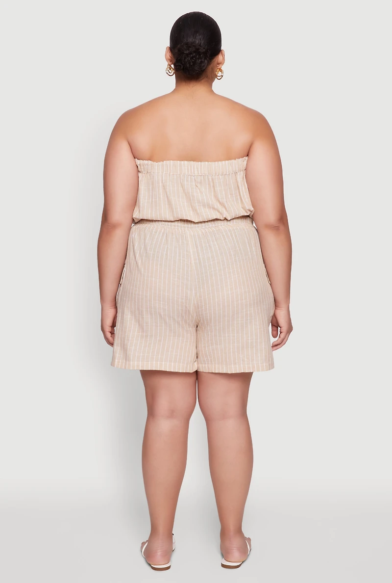 Womens Plus Size Tie Waist Belted Pinstripe Romper, Khaki, Size 3X