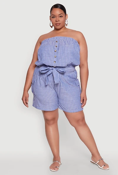 Womens Plus Tie Waist Belted Pinstripe Romper,