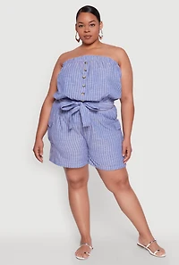 Womens Plus Size Tie Waist Belted Pinstripe Romper, Blue, Size 2X