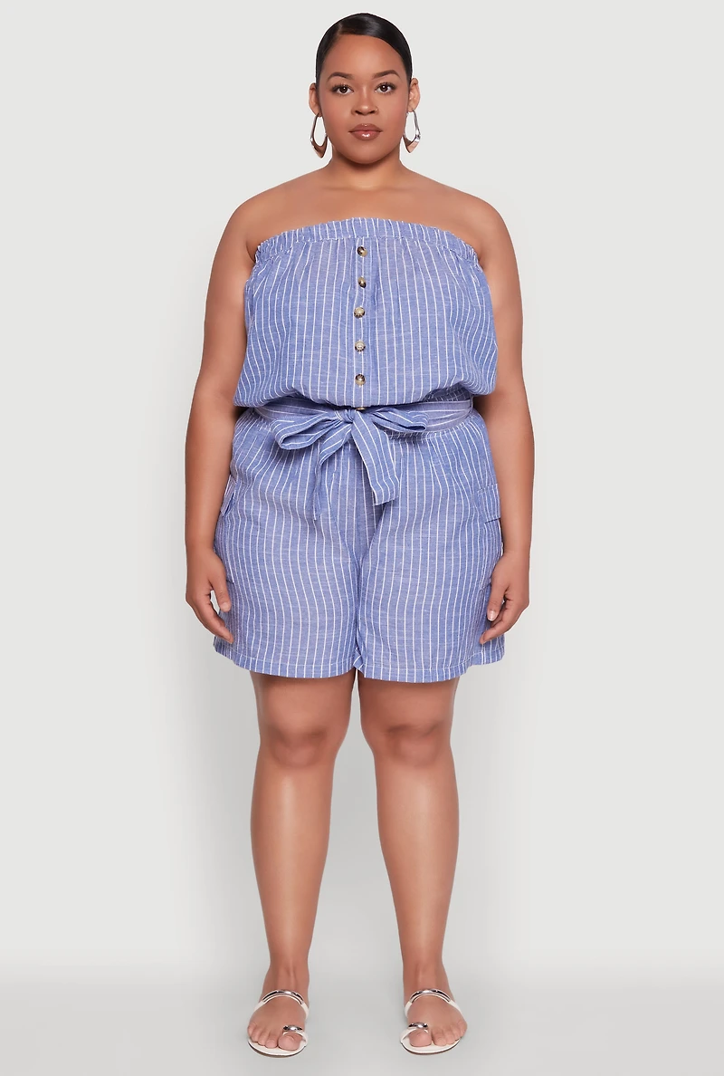 Womens Plus Size Tie Waist Belted Pinstripe Romper, Blue, Size 2X
