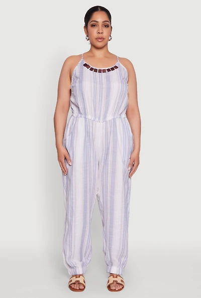 Womens Plus Striped Wood Beaded Trim Jumpsuit, Multi,