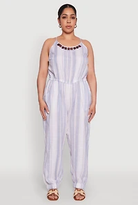 Plus Striped Wood Beaded Trim Jumpsuit