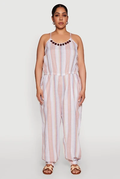 Womens Plus Size Striped Wood Beaded Trim Jumpsuit, Multi, Size 3X