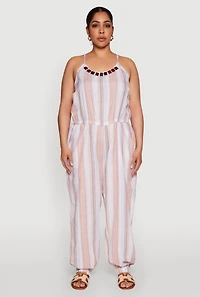 Womens Plus Size Striped Wood Beaded Trim Jumpsuit, Multi, Size 3X
