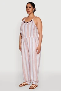 Womens Plus Size Striped Wood Beaded Trim Jumpsuit, Multi, Size 3X