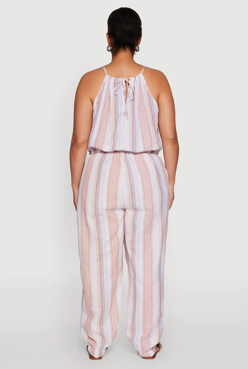 Womens Plus Size Striped Wood Beaded Trim Jumpsuit, Multi, Size 3X