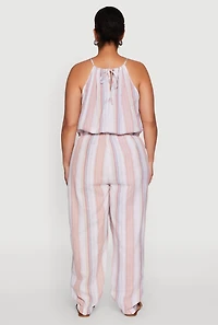 Womens Plus Size Striped Wood Beaded Trim Jumpsuit, Multi, Size 3X