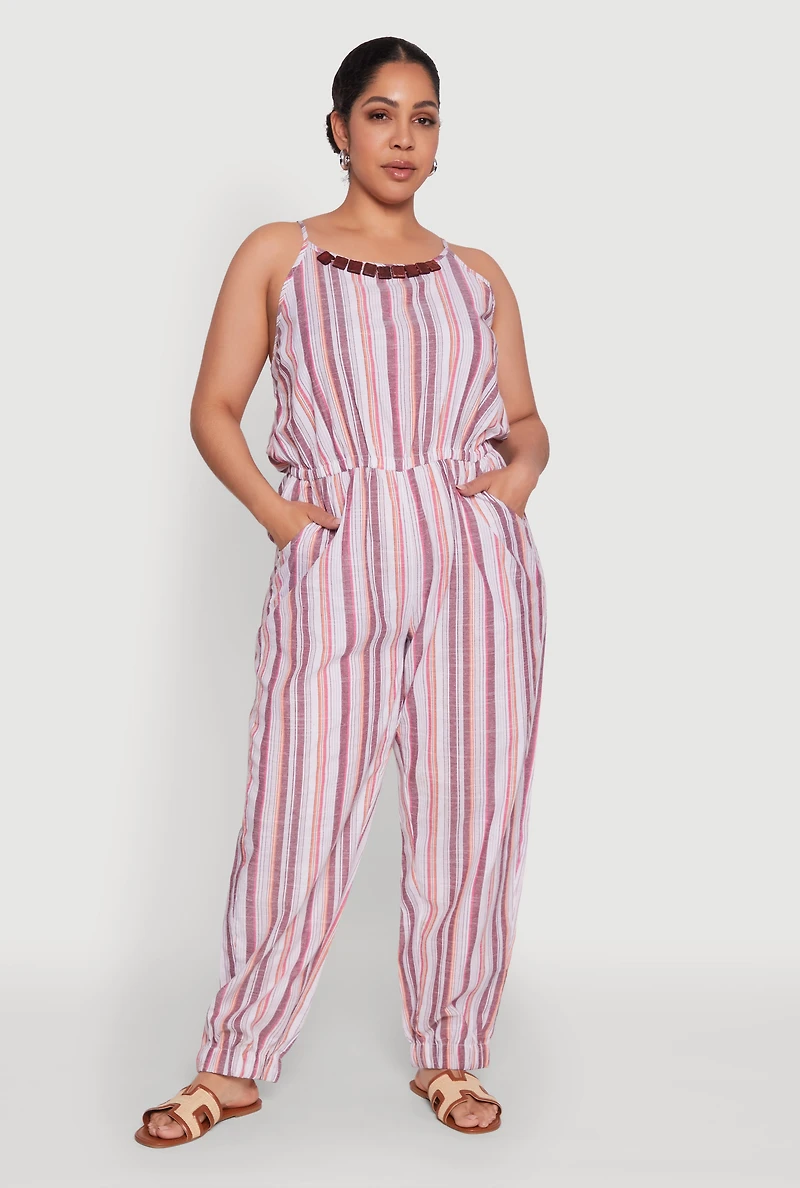 Womens Plus Size Striped Wood Beaded Trim Jumpsuit, Multi, Size 2X