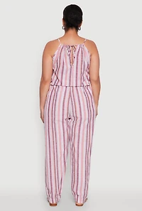 Womens Plus Size Striped Wood Beaded Trim Jumpsuit, Multi, Size 2X