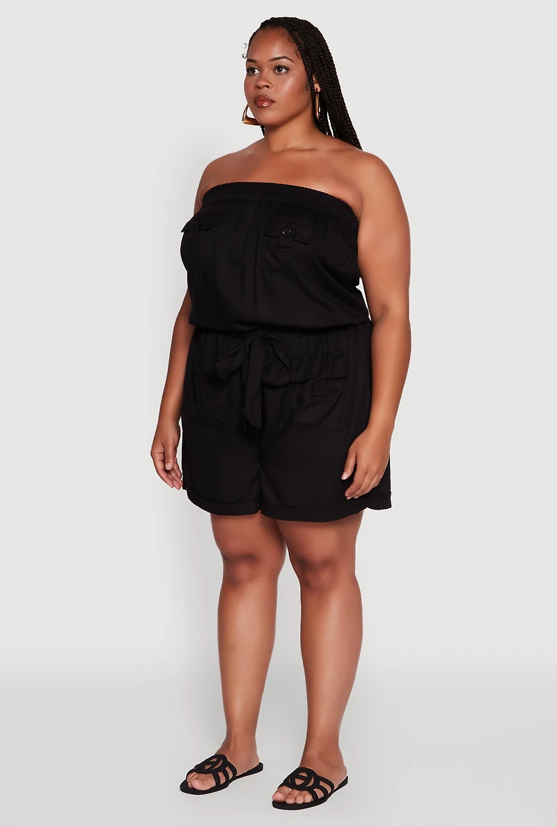 Womens Plus Size Strapless Cargo Pocket Romper, Black, Size 3X