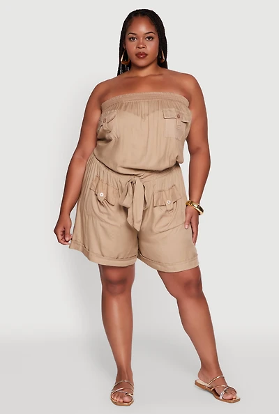 Womens Plus Strapless Cargo Pocket Romper,