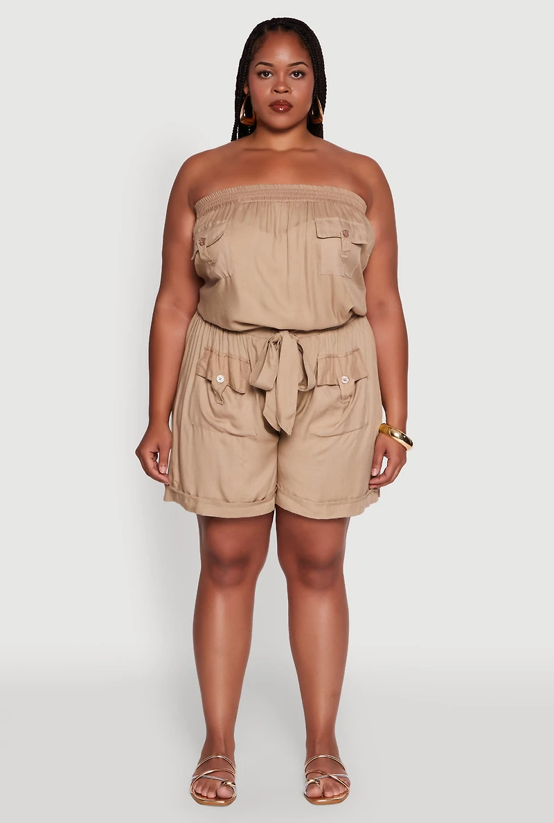 Womens Plus Strapless Cargo Pocket Romper,