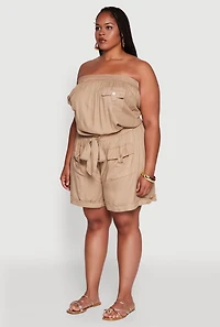 Womens Plus Size Strapless Cargo Pocket Romper, Beige, Size 3X