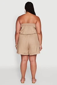 Womens Plus Size Strapless Cargo Pocket Romper, Beige, Size 3X