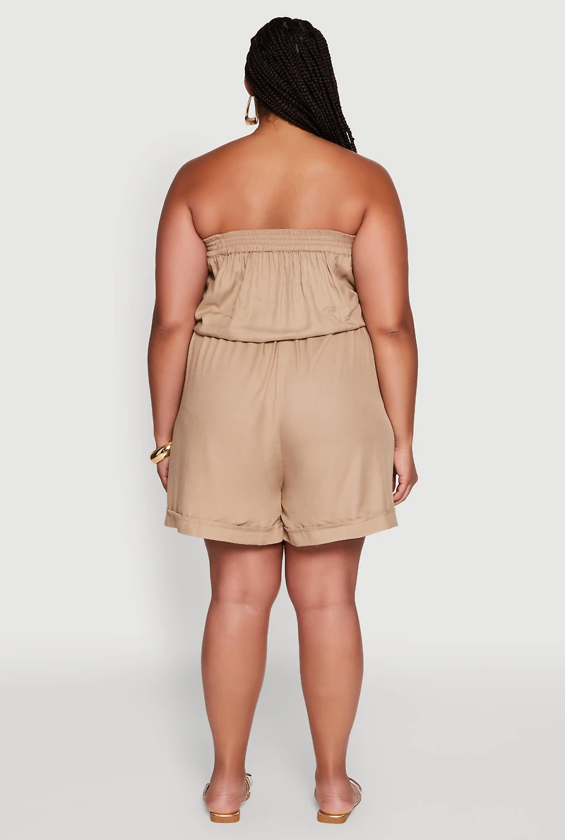 Womens Plus Strapless Cargo Pocket Romper,
